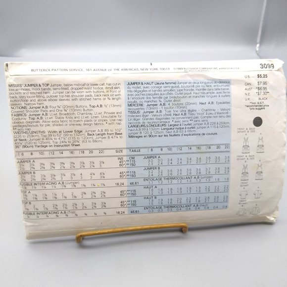 Vintage Sewing PATTERN Butterick 3099, Misses Fast and Easy 1989 Jumper and Top - Picture 2 of 2